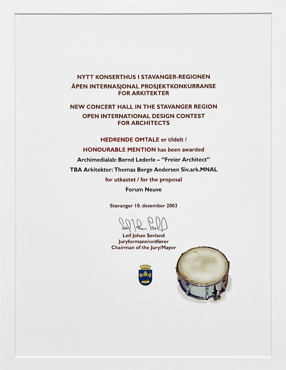 Honourable Mention certificate for the Stavanger Konserthus design competition, 2003