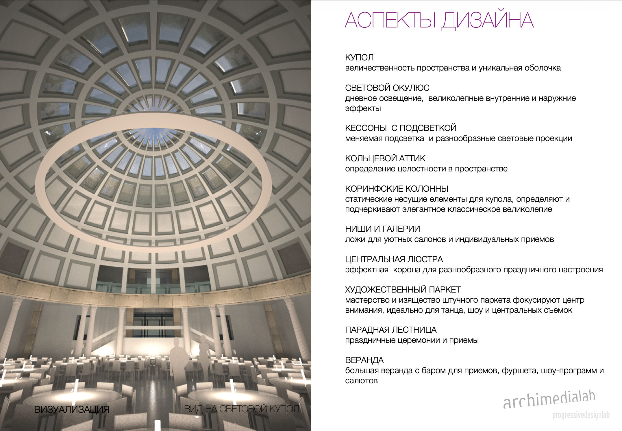 Design aspects: dome interior and Russian explanatory text